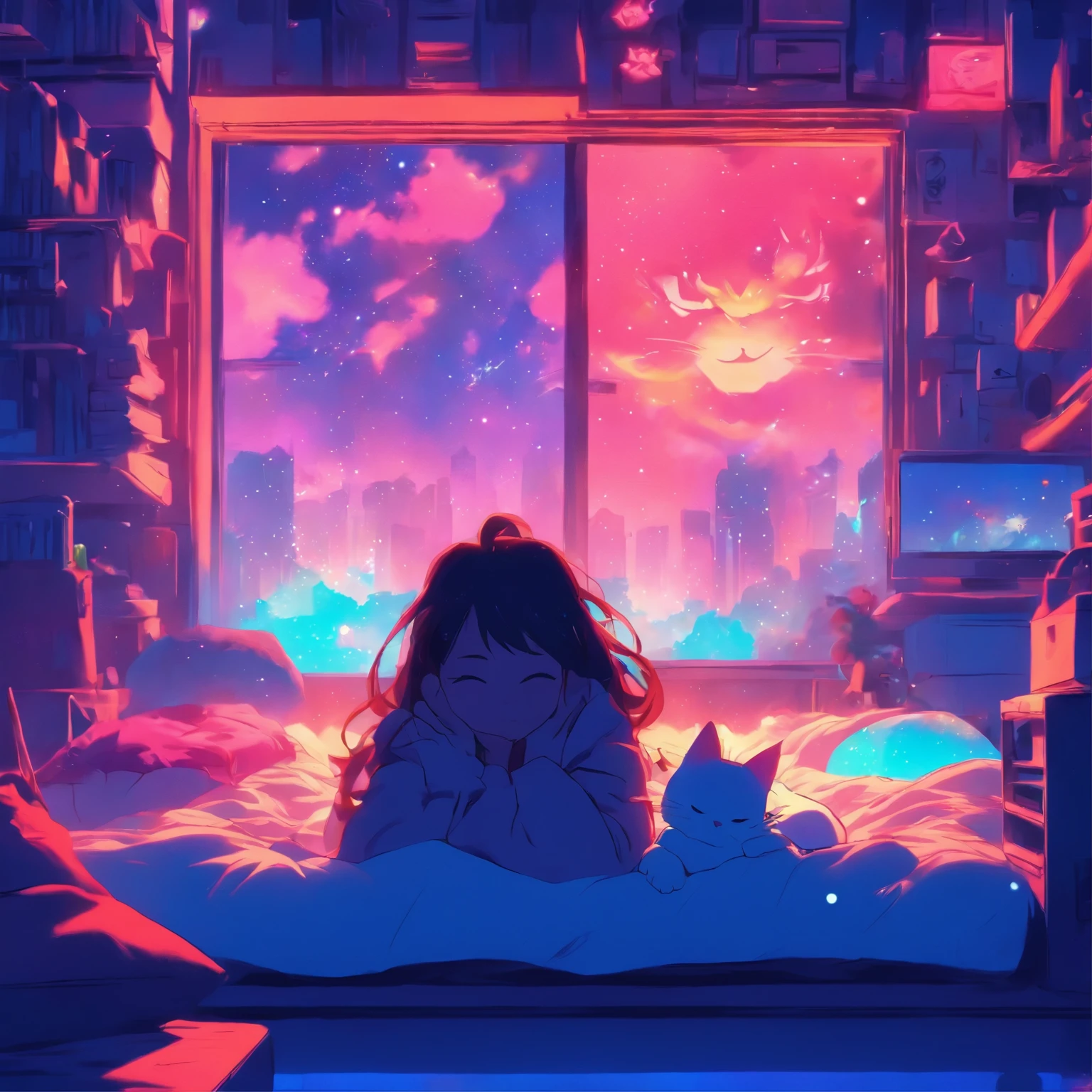 anime scene of a woman laying on a bed with a cat, cyberpunk art by Liam Wong, tumblr, magical realism, loish art style, anime vibes, anime aesthetic, in the bedroom at a sleepover, lofi girl, it is glowing, lofi art, 8 0 s anime vibe, lofi girl aesthetic, dreamy illustration, dreamy psychedelic anime, really realistic