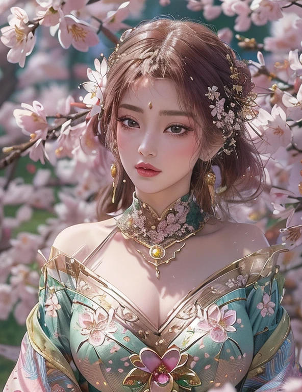 (,One girl, throw,highest quality, ) , (((,One girl, alone, Big Breasts, View Viewer, cherry blossoms ))) Ultra-realistic 8K CG, perfection, clean, masterpiece, Professional artwork, Famous works of art, Cinema Lighting, Cinematic Flowers, perfectionな顔, Beautiful Face, Fantasy, dream-like, unrealistic, SF, race, race trim, race-trimmed legwear, luxury, jewelry, diamond, Money, Pearl, gem, sapphire, Ruby, Emerald, Intricate details, Delicate pattern, Charm, Fascinating, Fascinating, erotic, Fascinating, hair ornaments, neckrace, Earrings, bracelet, Bracelet,Hello,autumn, From above,