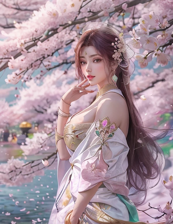 (,One girl, throw,highest quality, ) , (((,One girl, alone, Big Breasts, View Viewer, cherry blossoms ))) Ultra-realistic 8K CG, perfection, clean, masterpiece, Professional artwork, Famous works of art, Cinema Lighting, Cinematic Flowers, perfectionな顔, Beautiful Face, Fantasy, dream-like, unrealistic, SF, race, race trim, race-trimmed legwear, luxury, jewelry, diamond, Money, Pearl, gem, sapphire, Ruby, Emerald, Intricate details, Delicate pattern, Charm, Fascinating, Fascinating, erotic, Fascinating, hair ornaments, neckrace, Earrings, bracelet, Bracelet,Hello,autumn, From above,