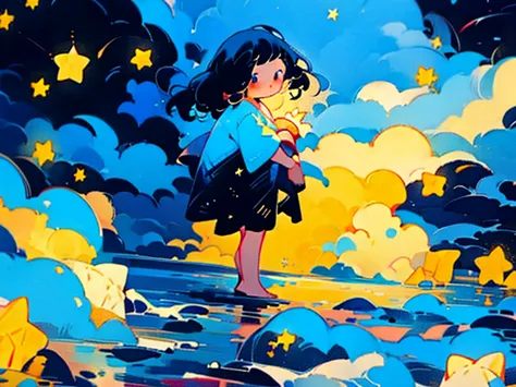 Girl Looking At The Sea。Time: Night。Stars are twinkling。