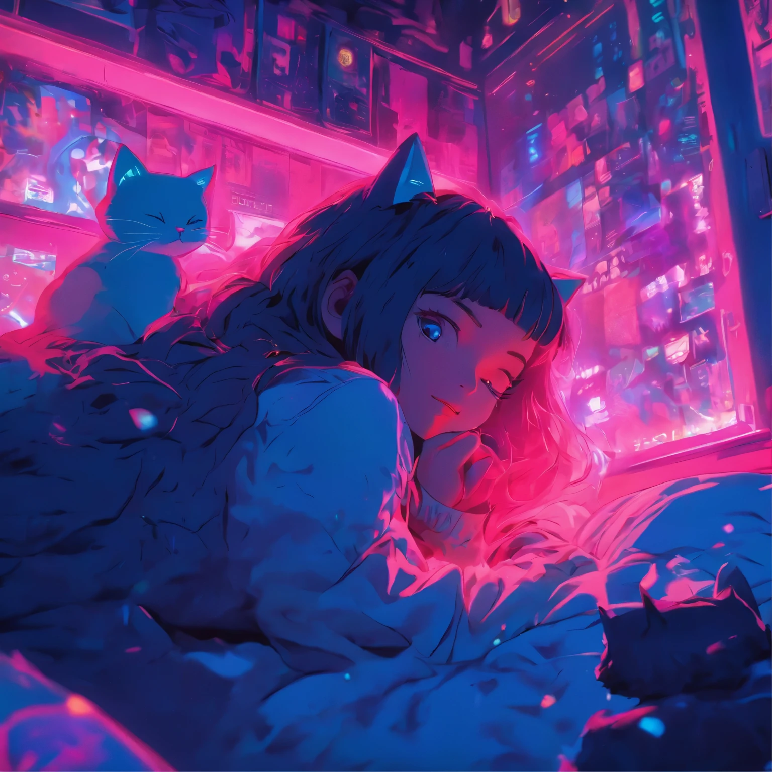 anime scene of a woman laying on a bed with a cat, cyberpunk art by Liam Wong, tumblr, magical realism, loish art style, anime vibes, anime aesthetic, in the bedroom at a sleepover, lofi girl, it is glowing, lofi art, 8 0 s anime vibe, lofi girl aesthetic, dreamy illustration, dreamy psychedelic anime, really realistic