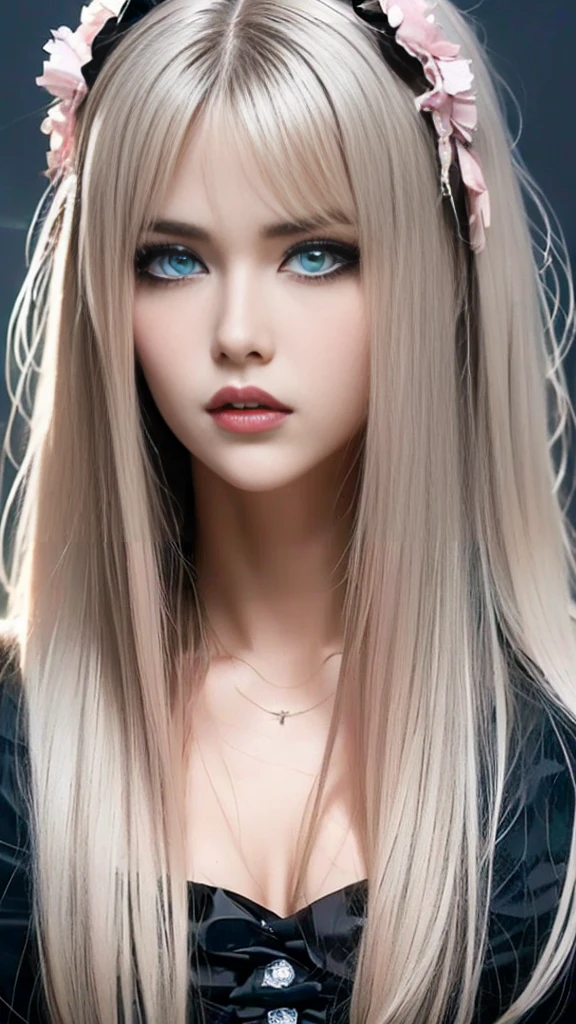 (((masterpiece, top quality, ultra detailed))), (((1 Girl Queen of Infinity))), 14 years old, (((Very detailed face))), small and thin nose, small mouth with thin lips, (((very focused eyes))), Very large slit precision  blue eyes, shining like jewels. very long eyelashes, Long blonde hair in blonde vertical curls, with fringes, ((moda Steam Pink, gothic lolita fashion))