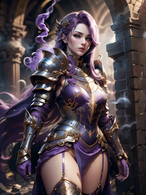 (masterpiece, superb detail, super detailed, high resolution), male focus, (((female armor))), (((armor purple dress set))), (sh...