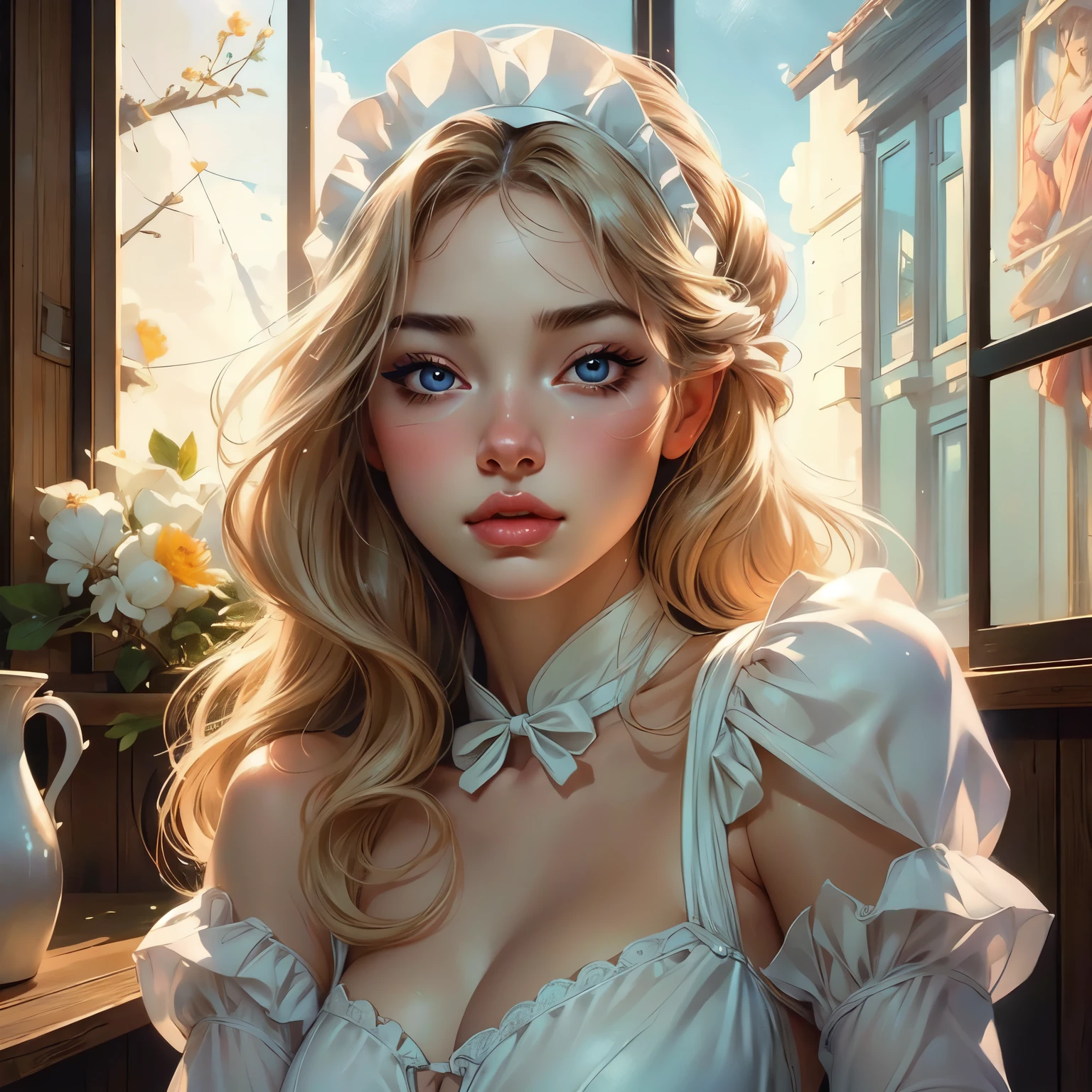 Beautiful girl in a semi-transparent maid outfit、Very beautiful girl、Classy maid、Delicate facial features、gorgeous eyes、Long eyelashes、Small Nose、Thick lips、White skin、long flowing hair、Graceful pose、Cinematic lighting、Soft pastel colors、Graceful and calm、(highest quality、4k、8k、High resolution、masterpiece:1.2)、Super detailed、(Real、Photorealistic、Photorealistic:1.37)