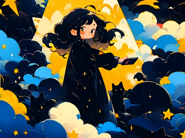 검은 고양이와 소녀。별을 바라보며。반짝이는。