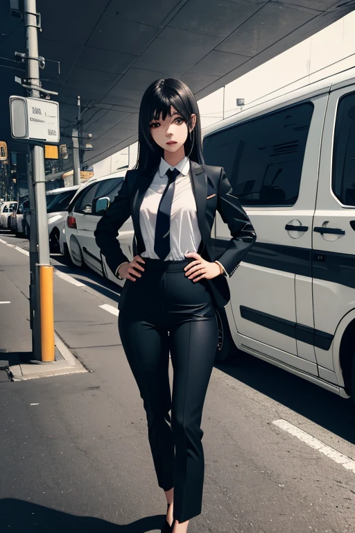 (masterpiece, highest quality, detailed), One girl, alone, View Viewer, will be attacked, Long Hair, Black Hair, chest, 
pant suit, suit, formal, black suit, Black trousers, tie, White shirt,underground, (dark:1.5), 薄darkです, ojou-sama pose, Hands on hips, Mischievous face, Conceit, head to waste,