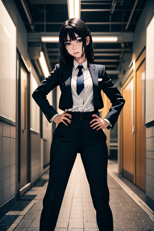 (masterpiece, highest quality, detailed), One girl, alone, View Viewer, will be attacked, Long Hair, Black Hair, chest, 
pant suit, suit, formal, black suit, Black trousers, tie, White shirt,underground, (dark:1.5), 薄darkです, ojou-sama pose, Hands on hips, Mischievous face, Conceit, head to waste,