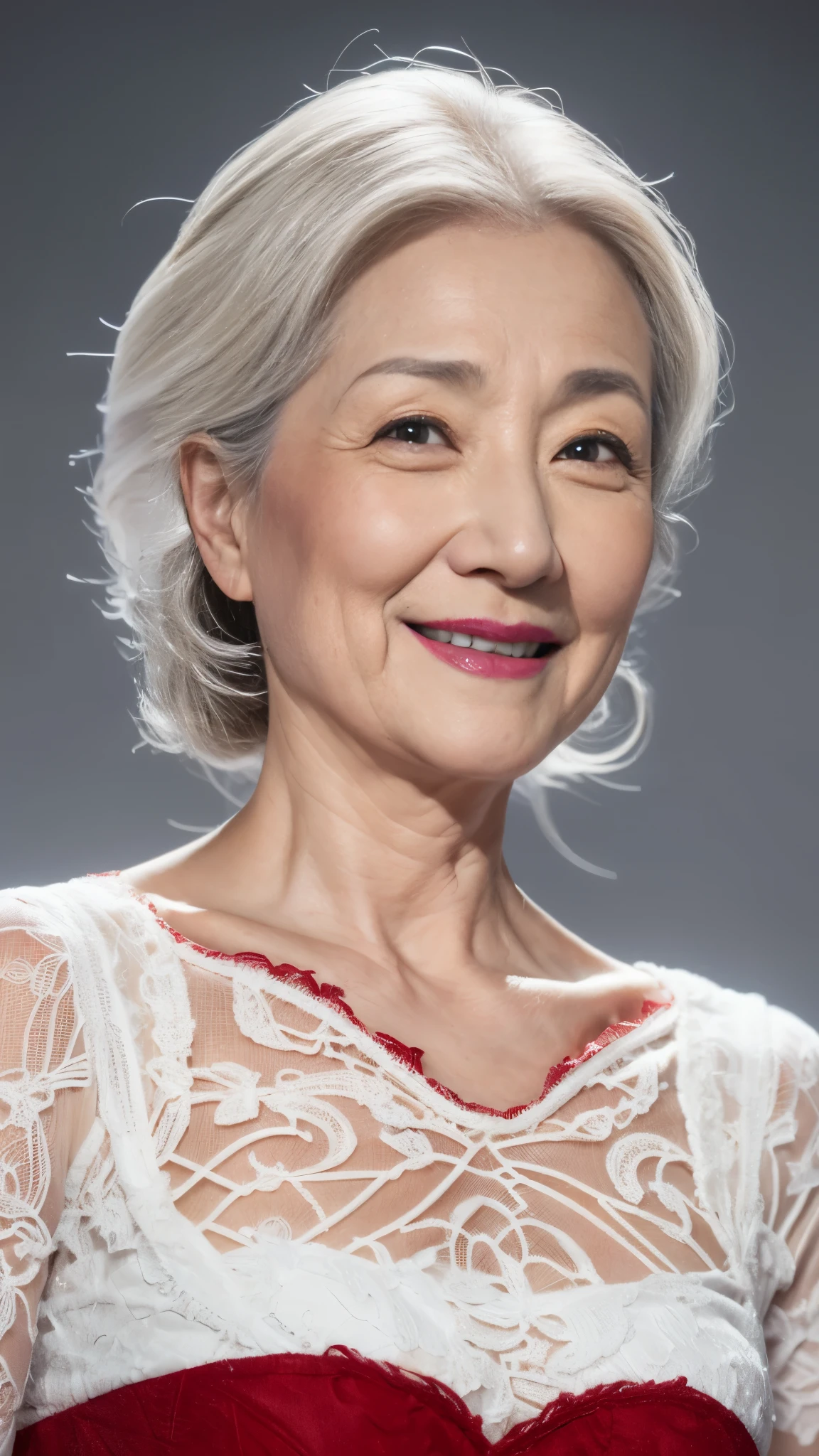 Mid-range close-up, Late Elderly, Perfect composition, ((Fractal Art)), (((masterpiece))), 8k, Clear images, (((alone))), (((Asian Beauty))), Pure white background, Gray Hair, Hands behind back, Wearing a slip, Alluring, ((Elderly)), Depict lips accurately,Red lips, Flashy makeup, (((alone))), (((Perfect Anatomy))), Depicting ears correctly, Pure white background, gravure, Upright posture, smile, ((Beautiful mature woman)), highest quality, Very detailed, Realistic, Very detailed細なスキン, (Madame), (The corners of the mouth are turned up), 120 years old, Huge breasts, Mature Politician, Glamour, sexy, Pure white skin, Natural hairstyle, beautiful,