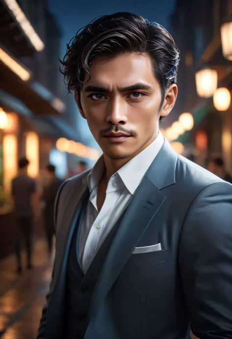 Elegant man captured in cinematic composition, soft and cool lighting enhancing natural skin texture, striking a dramatic pose a...
