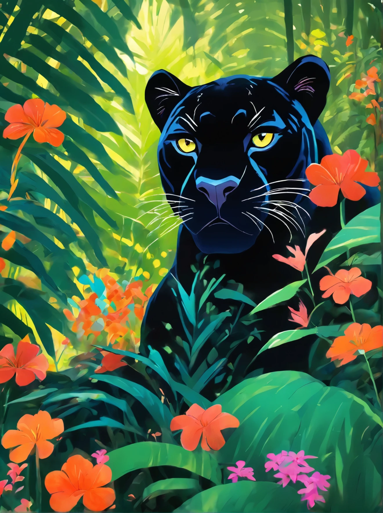 a painting of a black panther in the jungle surrounded by flowers, a digital painting by Dahlov Ipcar, trending on Artstation, fantastic realism, jen bartel, panther, the smooth black jaguar, the smooth black lioness, detailed beautiful animals, artistic 4 k, 8k high quality detailed art, extremely high quality artwork, black panther, detailed painting 4 k