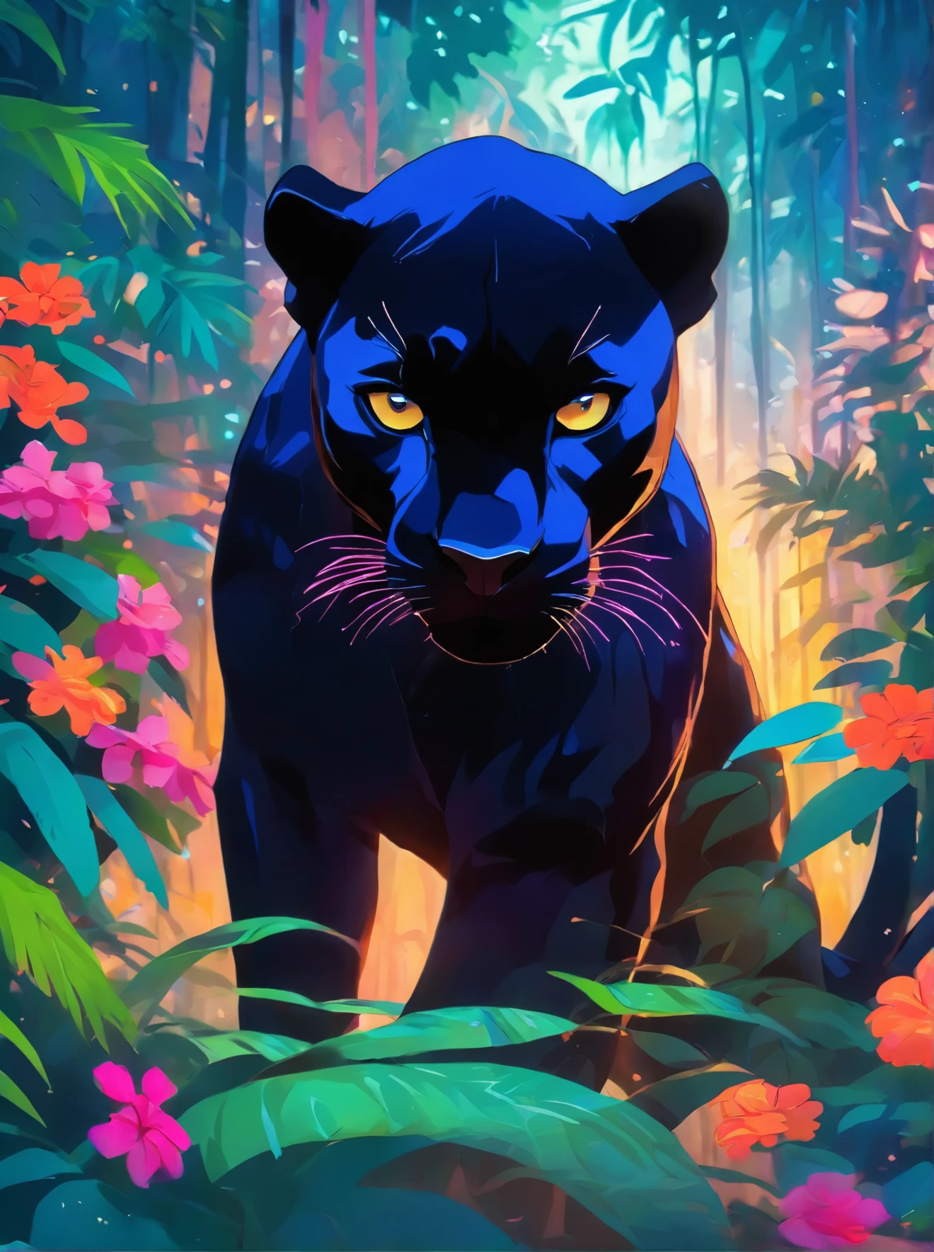 a painting of a black panther in the jungle surrounded by flowers, a digital painting by Dahlov Ipcar, trending on Artstation, fantastic realism, jen bartel, panther, the smooth black jaguar, the smooth black lioness, detailed beautiful animals, artistic 4 k, 8k high quality detailed art, extremely high quality artwork, black panther, detailed painting 4 k