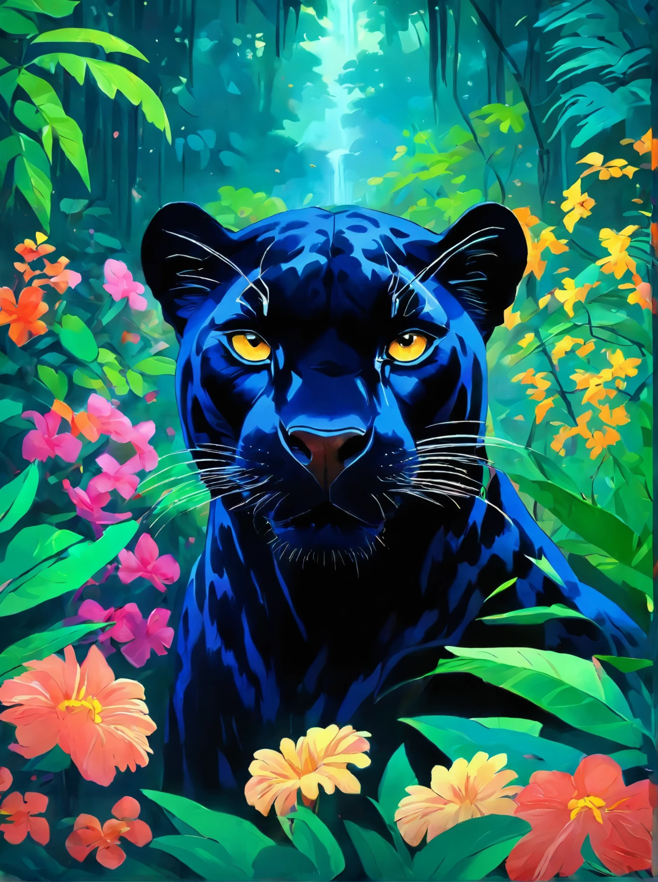 a painting of a black panther in the jungle surrounded by flowers, a digital painting by Dahlov Ipcar, trending on Artstation, fantastic realism, jen bartel, panther, the smooth black jaguar, the smooth black lioness, detailed beautiful animals, artistic 4 k, 8k high quality detailed art, extremely high quality artwork, black panther, detailed painting 4 k