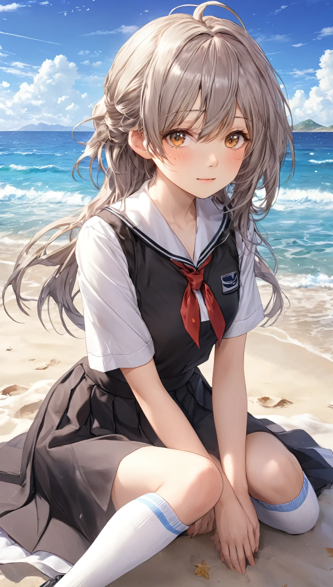 ((masterpiece)), ((highest quality)), ((High resolution)), ((Highly detailed CG Unity 8k wallpaper)), alone, tachibana kanade, Brown uniform, Black Skirt, White socks, Outdoor, face, Beach, Hanging hair, Parted hair, Silver Hair, 笑face, 