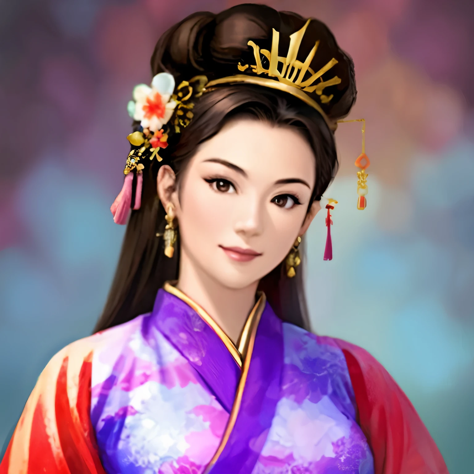 1girl:1.5, masterpiece, best quality, best detail, best proportion, best anatomy, best face, best shaped breasts, upper body, face, hair ornament, crown, sangokushi_empress, chinese clothes, fan,