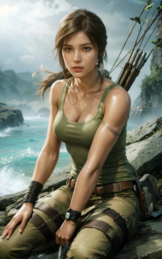 Lara Croft, brown eyes, (best quality, ultra-detailed), (realistic:1.37), beautiful and detailed face, ultra-realistic texture, delicate face, delicate body, red lipstick, bright colors. High definition, 8K