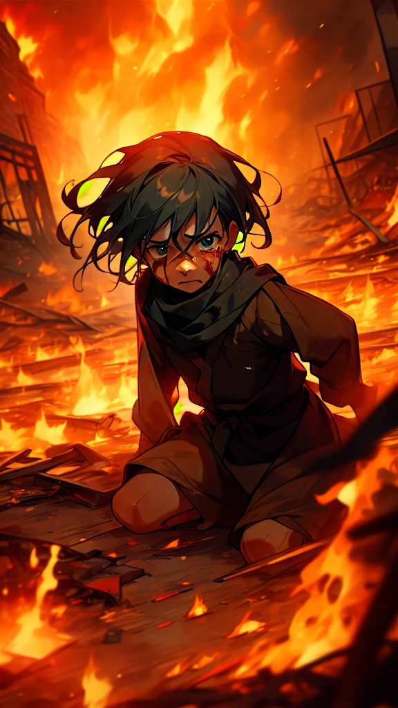 The captivating photo of a Palestinian  crying with a blood-covered face amidst a war-torn and burning village vividly depicts horror and suffering. The child's expression of sadness and pain starkly conveys the devastation experienced. The backdrop of ruins and flames intensifies the dramatic and heartbreaking scene