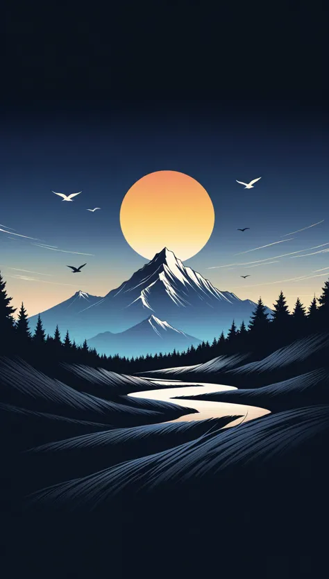 a captivating t-shirt illustration featuring a serene sunrise over a mountain range. the scene should be depicted in a minimalis...