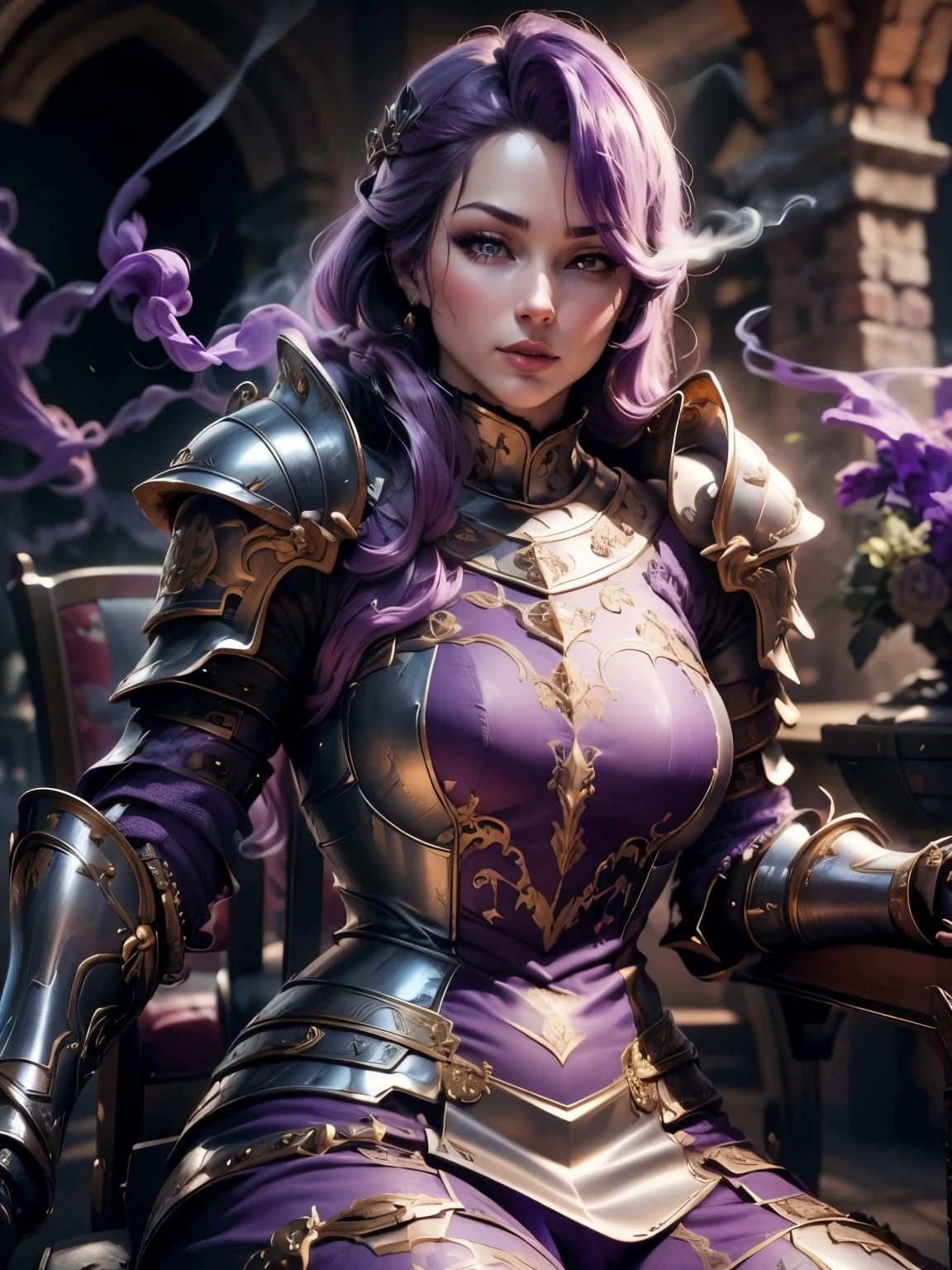 (Masterpiece, Superb Detail, Super Detailed, High Resolution), Male Focus, (((Female Armor))), (((Armor Purple Dress Set))), (She Has Long Purple Hair, Medium Breasts, Slim, perfect body, beautiful face), look at viewer, (((purple panty))), (((smoke))), ((Sit on Skull Chair)), City Ruins, Background Details, Solo