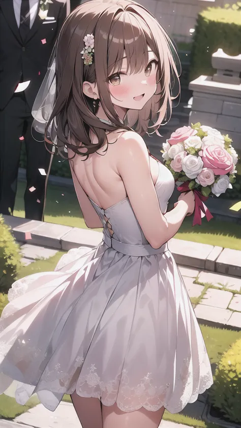 masterpiece, highest quality, high resolution, bb caster, wide range, he drowned, short brown hair, brown eyes, wedding dress, w...