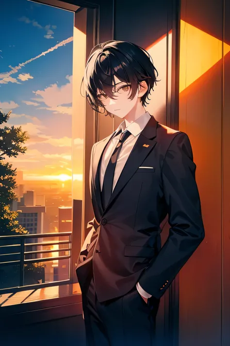 one man, suit, black hair, tree eyes, sunset, masterpiece, best quality