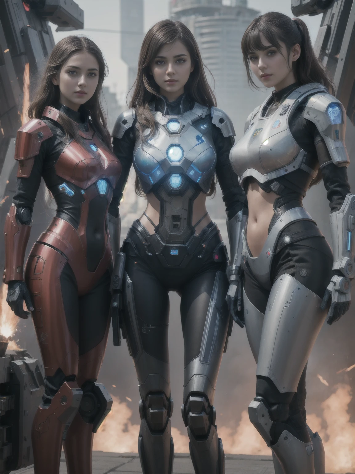 (best quality, 4k, Masterpiece, ultra detailed, RAW quality), girl with plasma shield on her arm, three girls in printed vikini, war robots standing next to them.