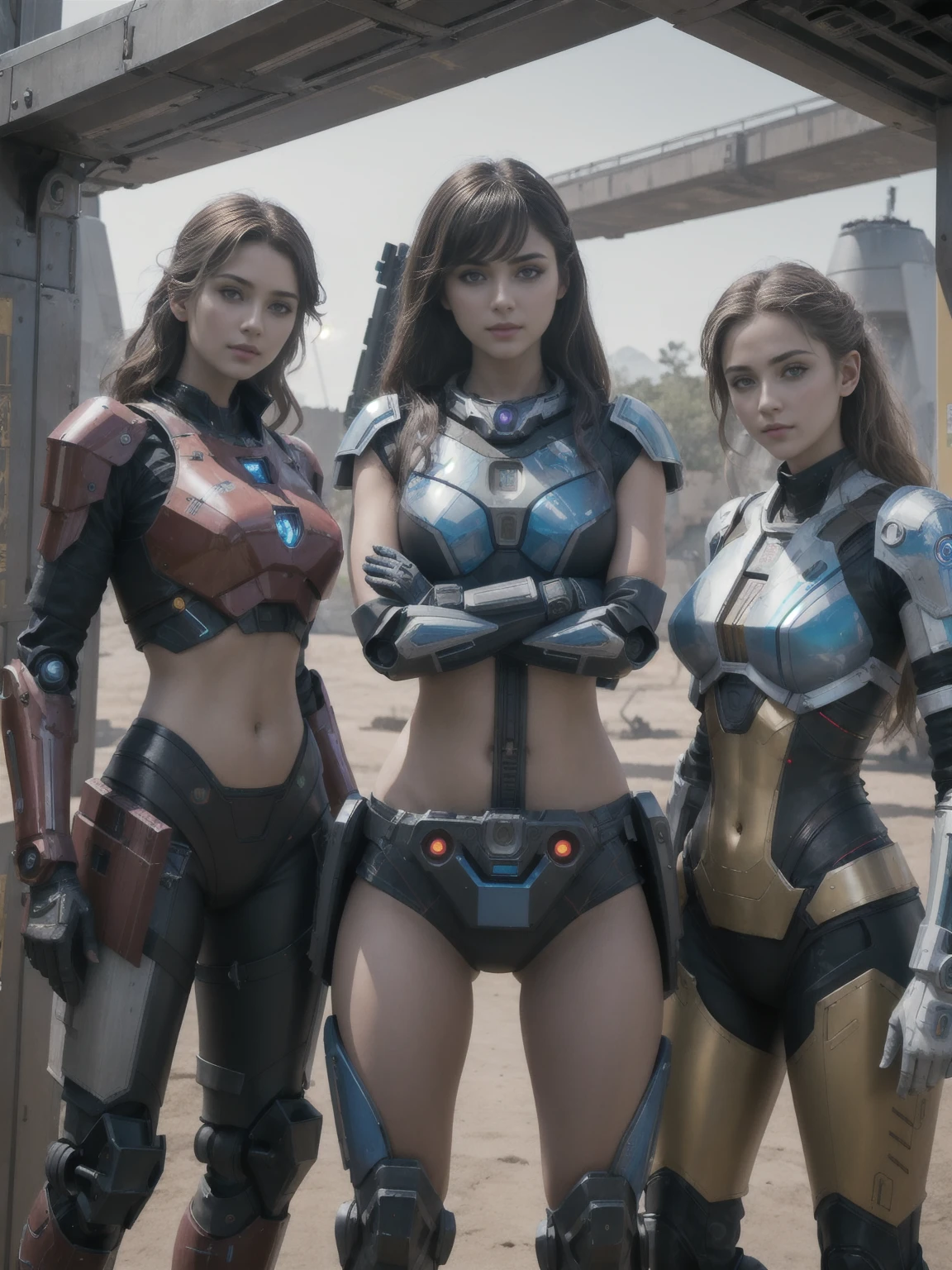 (best quality, 4k, Masterpiece, ultra detailed, RAW quality), girl with plasma shield on her arm, three girls in printed vikini, war robots standing next to them.