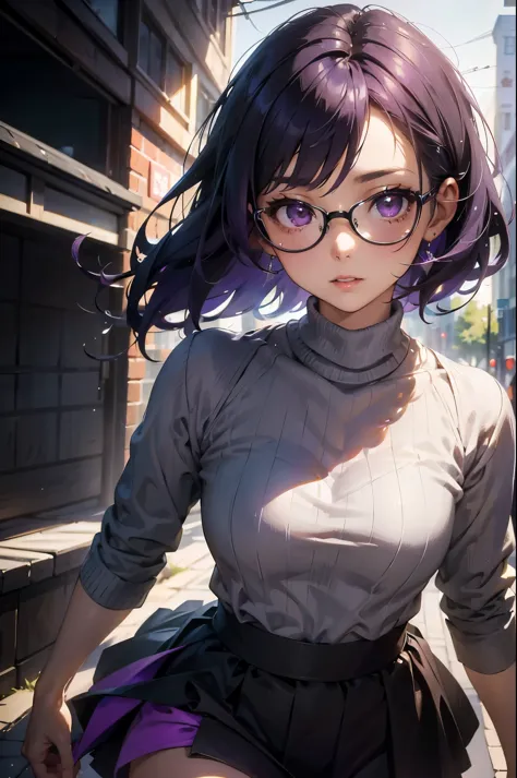 （（（完美number，number，Gray sweater, Black skirt, black，（（（JMT,Glasses,Purple Hair,short hair,Purple Eyes,Michondev，Purple Eyes，Purp...