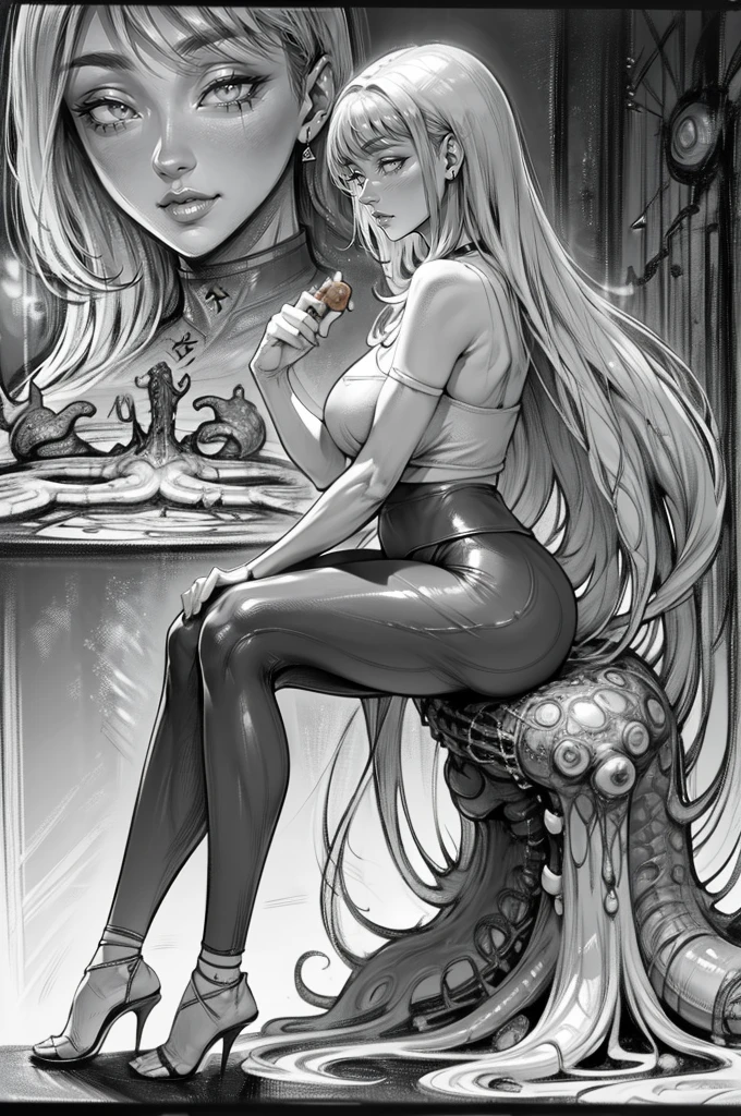 The beautiful girl in lace top and leggings is sitting astride a pile of skeletons in the center of the picture. She is holding a trembling sausage with juice squeezed out in her hand and smiling. There are multiple comic storyboards in the background，cbt, sausage bondage,sausage insertion,Sexy, trampling sausage with high heels heel,(masterpiece, best quality:1.2)，1 beautiful girl,sexy，comic storyboard:2, leggings, sit astride, axially symmetrical:2, ,femdom，sounding，cbt，hold，smile，colorful，leggings，thin gap，cameltoe，insertion，trembling，juice，spray， Long hair,Lace top,Sexy, Shiny leggings, High heel，cleveage, trampling, in forest, saliva , Mucus，