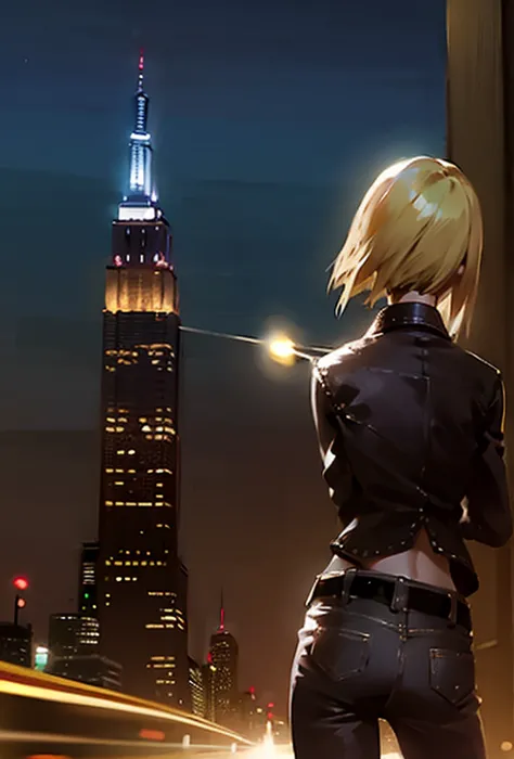 （parasite eve（aya brea short blonde hair　leather jacket　jeans））（background american cityscape　empire state building　beautiful li...