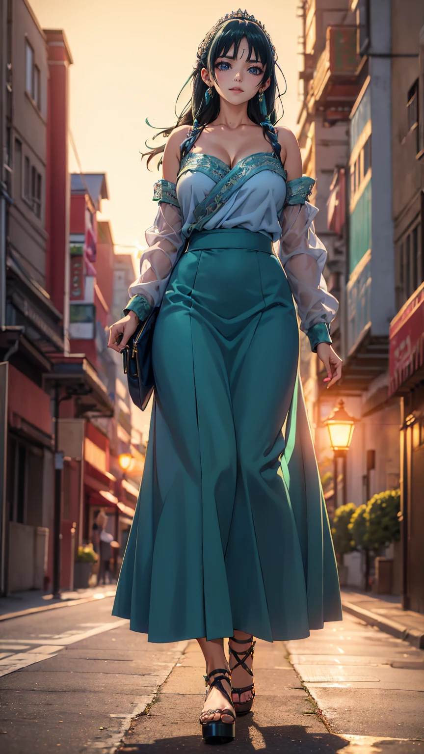 ((Best quality)), ((masterpiece)), (anime), a beautiful sexy woman walking  in a long skirt, a blouse and platform high heels, blue eyes, green hair, smooth skin, cleavage, ((full body)), smile, shoulders exposed, anime, green eyes, maomao, Under street lights, ((Sunset Dusk)), (((park))), curvu body, ((woman)),