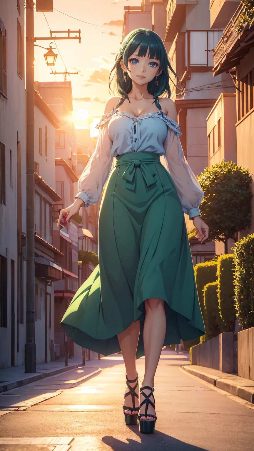 ((Best quality)), ((masterpiece)), (anime), a beautiful sexy woman walking  in a long skirt, a blouse and platform high heels, blue eyes, green hair, smooth skin, cleavage, ((full body)), smile, shoulders exposed, anime, green eyes, maomao, Under street lights, ((Sunset Dusk)), (((park))), curvu body, ((woman)),