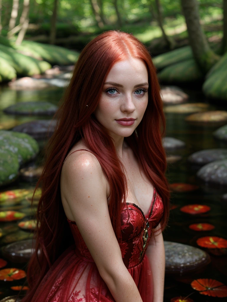 a woman with long red hair in a dress, full body view, ethereal beauty, ophelia, full body, a stunning young ethereal figure, nymph in the water, water fairy, fantasy with water magic, with pale skin, ethereal fairytale, inspired by Arthur Hughes, ellie bamber fairy, red haired goddess, fantasy photoshoot, by Elena Guro. Photorealistic photography.very good quality, aestic,Perfect composition.photo clear.Perfect composition,very good quality photography, photorealistic photo. Very detailed face: eyes , eyebrows,nosem,lips. Beauty. Realistic flowers.Rich color background. Perfect composition..hoto taken at eye level,DSLR,canon EOS RS,ultra quality,sharp focus,tack sharp, depth of field (dof). Film grain,crystal clear,8k UHD, highly detailed, facial features, high detailed background. Art supplies. very good quality .