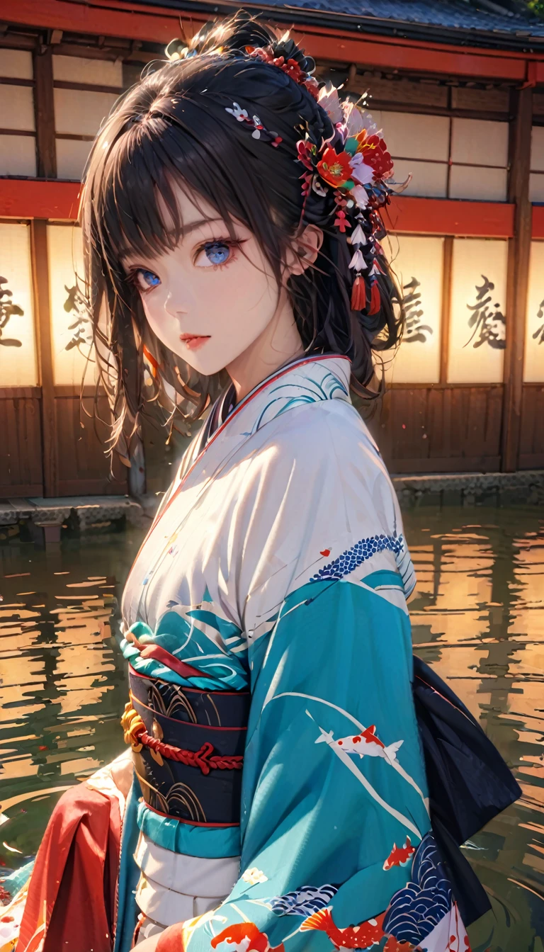 1girl looking at viewer, detailed face and eyes, beautiful intricate kimono, koi pond, traditional japanese shrine, tranquil lake, natural lighting, vibrant colors, detailed environment, (best quality, 8k, highres, masterpiece:1.2), (photorealistic:1.37), cinematic lighting, serene atmosphere, beautiful scenery, detailed reflections, traditional japanese architecture