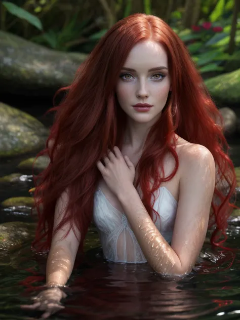 a woman with long red hair in a dress, full body view, ethereal beauty, ophelia, full body, a stunning young ethereal figure, ny...
