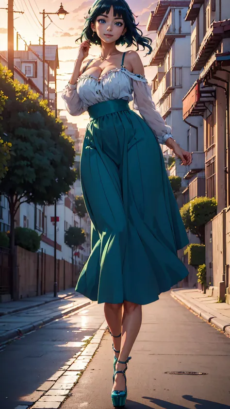 ((Best quality)), ((masterpiece)), (anime), a beautiful sexy woman walking  in a long skirt, a blouse and platform high heels, b...