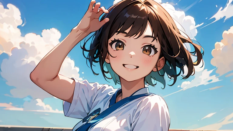 (masterpiece, highest quality, highest quality, Official Art, beautifully、beautiful:1.2), 1 girl,Daytime,blue sky,Cute older sister,Short sleeve,Upper Body,front,short hair,Hair color: Brown,Smile with mouth slightly open,whole body