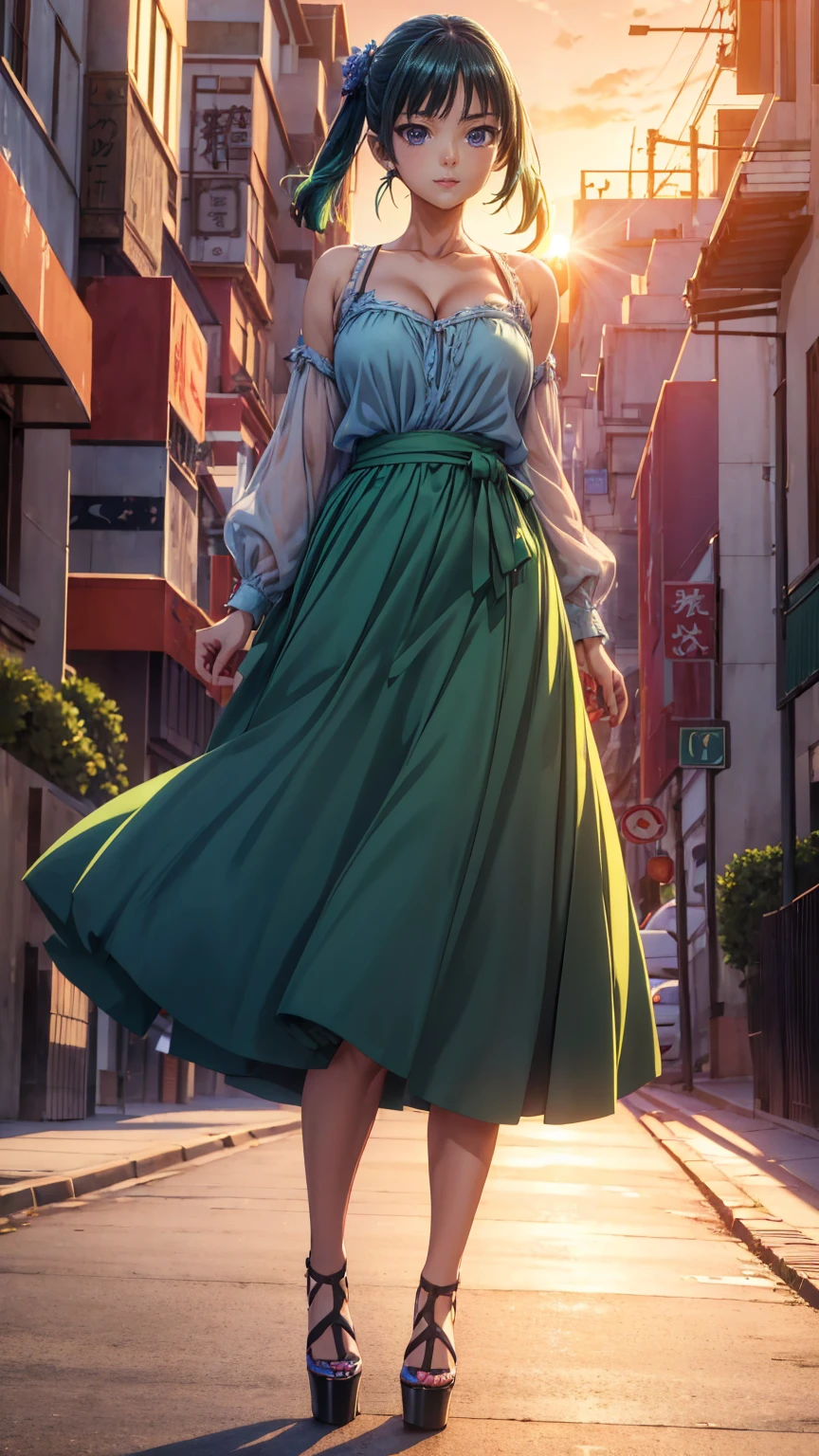 ((Best quality)), ((masterpiece)), (anime), a beautiful sexy woman walking  in a long skirt, a blouse and platform high heels, blue eyes, green hair, smooth skin, cleavage, ((full body)), smile, shoulders exposed, anime, green eyes, maomao, Under street lights, ((Sunset Dusk)), (((park))), curvu body, ((woman)),