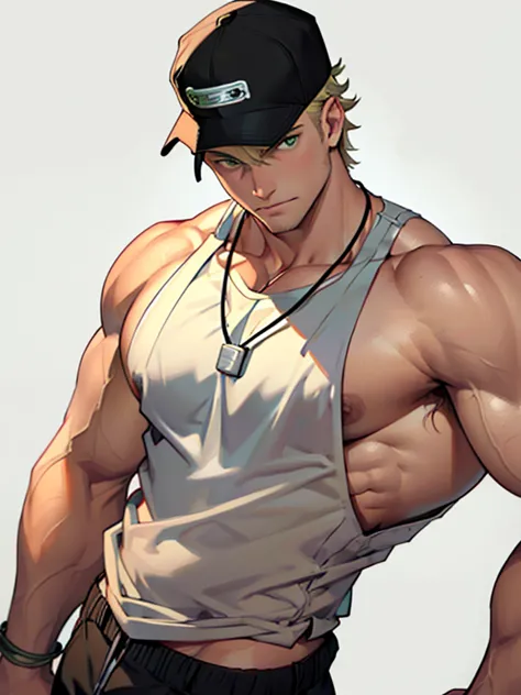 oung man, short blond hair, handsome face, tired expression, green eyes, large muscles, hyper pectoral, thick thigh, large butt....