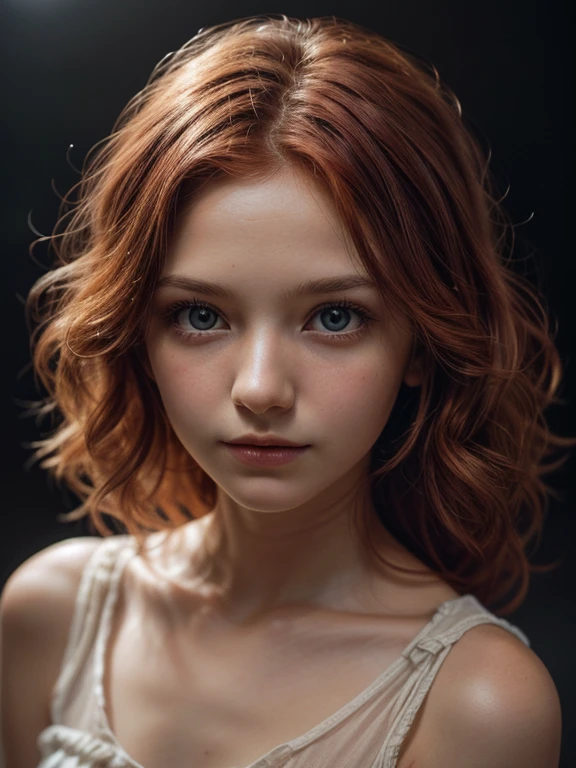 (close-up, Edit a photo of a curly red-haired girl at 10 years old.), (Very detailed face:1.4) (smile:0.7) (dark background, capricious, private study:1.3) throw, Lee Jeffries, Nikon D850, photo from the film ,4 portrait codes 400 ,camera f1.6 lenses ,rich colors ,Hyperrealistic ,realistic texture, dramatic lighting , film studio 800,