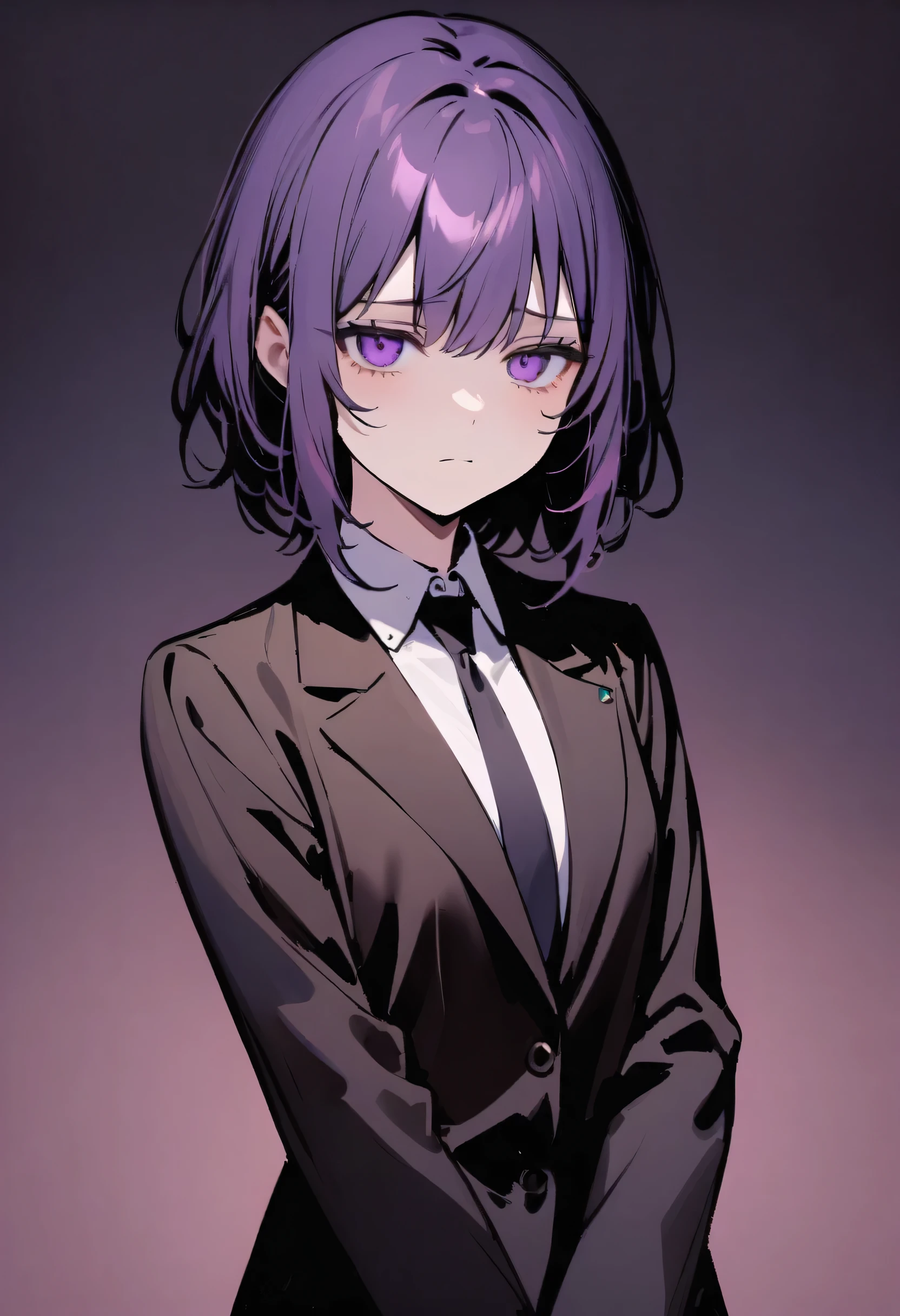 girl,Nice, 1 person, Dark atmosphere, Black purple background, Gloomy face、whole body、Tired look、Corporate Slavery、suit、My eyes are tired、Looks sleepy