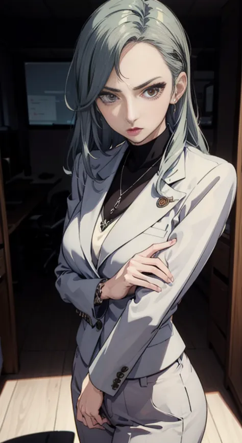 (((masterpiece))) sae niijima, wearing an office lady suit, long pants, in an office, standing, serious looks, bright