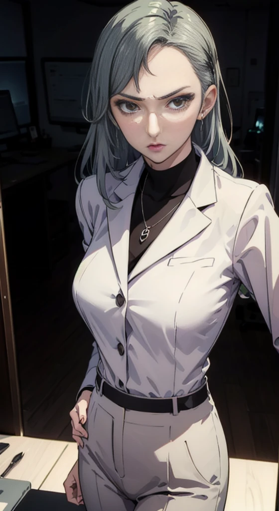 (((masterpiece))) Sae Niijima, wearing an office lady suit, long pants, in an office, standing, serious looks, bright