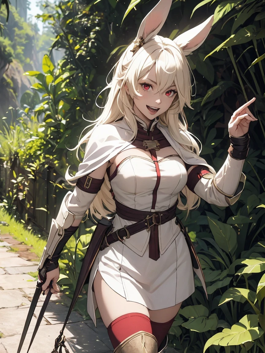 (best quality,high resolution, masterpiece:1.2), female focus, caminhando na floresta, (one girl:1.5), beautiful eyes, pretty eyes, rabbit ears, (red eyes:1.2), white cloak, big smile, open mouth, fleshy lips, hair ornament, leather armor, Clothes made of tanned leather, armored minidress, detached sleeves, wrist guard, white thighhighs, shin guards, armoed boots, perfect quality, good quality, masterpiece, dynamic pose, caminhando, Prepare-se para mergulhar em um mundo onde a beleza e o artesanato se fundem perfeitamente, anatomically correct. ultra nitidez