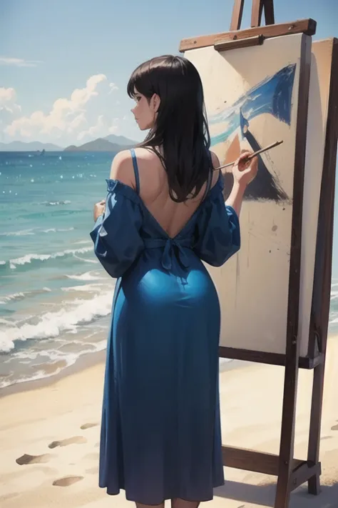 back shot girl in loose gown painting the beach (beach behind easel)