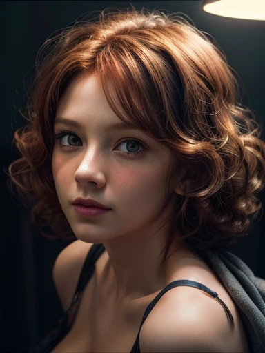 (close, Editing photos of a 10 year old curly redhead girl.), (Highly detailed face:1.4) (smile:0.7) (Dark Background, Whimsical, personal research:1.3)  tits(Ample breasts、Sexy cleavage,Open chest)Torn clothes,Ass,throw, Lee Jeffries, Nikon D850, Movie Photos ,4Portrait Code 400 ,Camera f1.6 Lenses ,Rich colors ,Surreal ,Realistic texture, Dramatic lighting , Movie Studio 800,