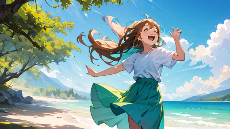 (masterpiece, highest quality, highest quality, Official Art, beautifully、beautiful:1.2), 1 girl,Daytime,blue sky,Sandy Beach,Cute older sister,Short sleeve,Pastel colored clothes,front,Long Hair,hair color: Brown,Laughing with mouth open,Everything from head to toe,whole body,While looking up at the distant sky