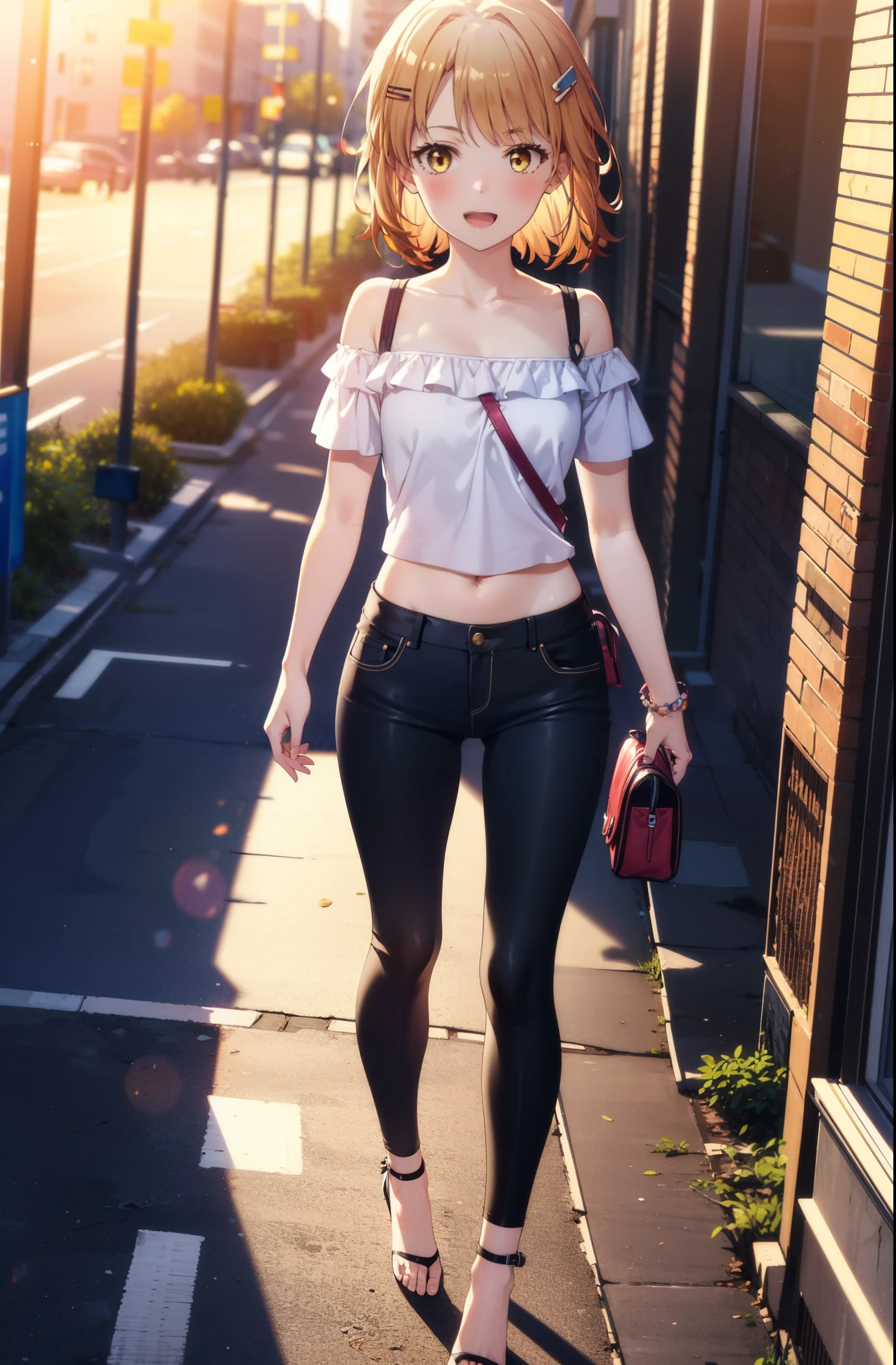 irohaisshiki, iroha isshiki, short hair, Brown Hair, (Brown eyes:1.5),happy smile, smile, Open your mouth,ponytail,short braided hair band,Cord off-shoulder top,Short sleeve,skinny pants,Stiletto heels,Sunset,evening,The sun is setting,Walking,whole bodyがイラストに入るように,Looking down from above,Holding a Chanel bag in her right hand,
break outdoors,In town,Building district,
break looking at viewer, whole body,
break (masterpiece:1.2), highest quality, High resolution, unity 8k wallpaper, (shape:0.8), (Beautiful details:1.6), Highly detailed face, Perfect lighting, Extremely detailed CG, (Perfect hands, Perfect Anatomy),