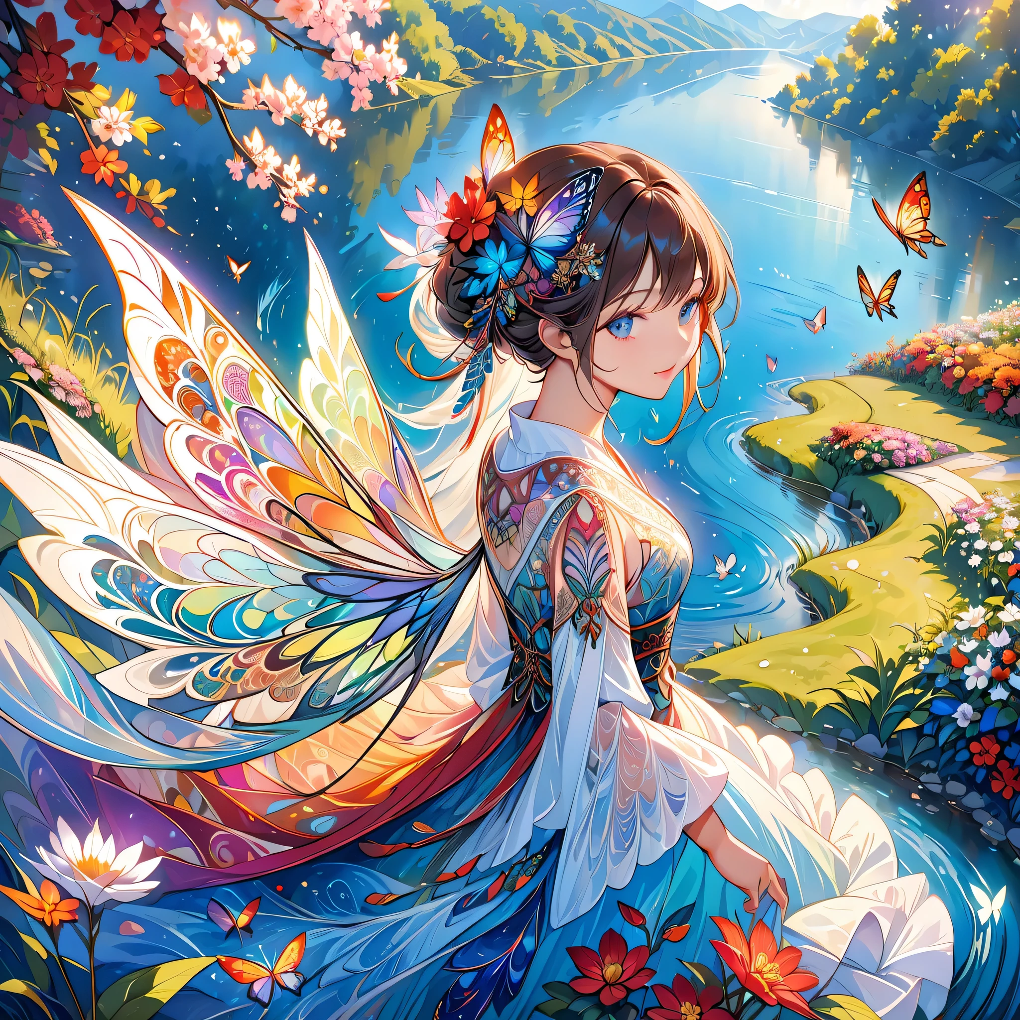 masterpiece,Top quality,best quality,Official Art,beautiful and aesthetic,(1 Girl:1.2),Very detailed,(Fractal Art:1.1),rich and colorful,Flowers,The most detailed,Zentangle,Blue Background,shiny skin,Many colors,feather, Tranquil Pond, flowing water, Ethereal Beauty.With butterfly-like fairy wings.