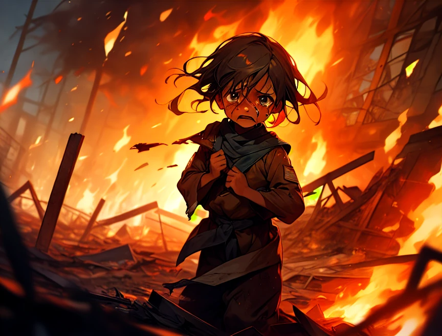 The captivating photo of a  crying with a bloodied face while holding a torn Palestinian flag amidst a war-torn and burning village powerfully depicts suffering and resilience. The child’s expression of sadness and determination is heart-wrenching, illustrating the endured hardship and struggle. The backdrop of ruins and flames enhances the dramatic impact of this image.
