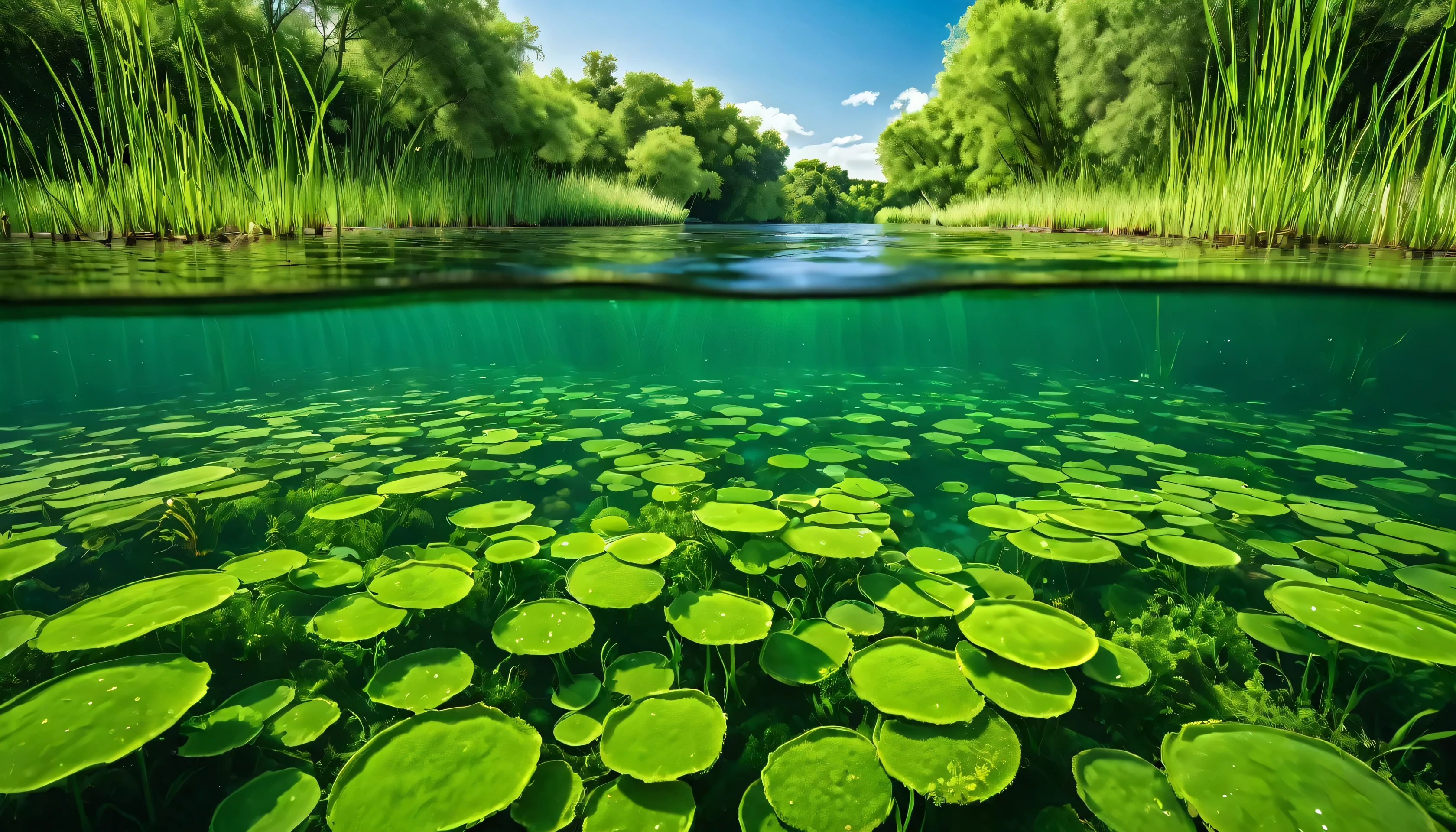 a photoPractical scene of a river with fresh clean water, A unique marine fish that swims underwater, The surrounding area is full of lush green algae and tall reeds., River cross section，Trees line both sides of the river, (best quality,4k,8K,High resolution,masterpiece:1.2),Extremely detailed,(Practical,photoPractical,photo-Practical:1.37),Detailed underwater scenes,stunning Practical lighting,Dynamic underwater composition,Dramatic water reflections,Complex fish anatomy,Vibrant green algae,detailed foliage,tranquil natural setting